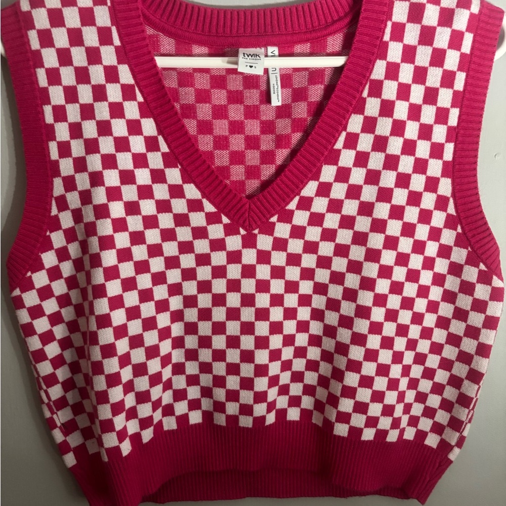 Pink and White Checkered Sweater Vest